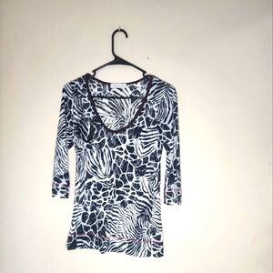 Sushiflowers Black & White Semi Sheer 3/4 Sleeve Animal Print Top No Sz, Fits S